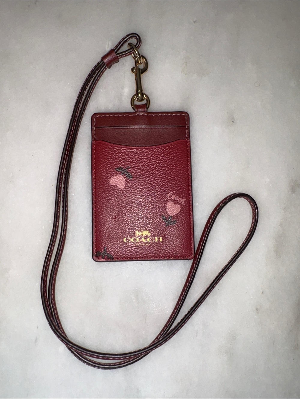 Coach Burgundy Leather Lanyard Card Holder with Pink Fruit Print